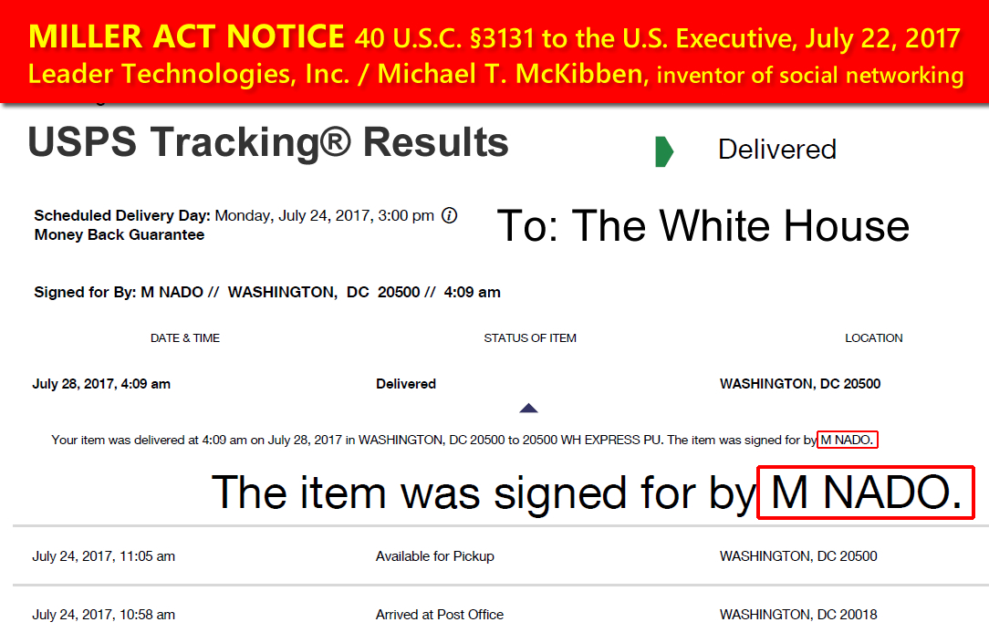 Michael T. McKibben. (Jul. 28, 2017). Miller Act Notice USPS Tracking Results for EL 028735568 US signed by M NADO 4:09am EDT. 