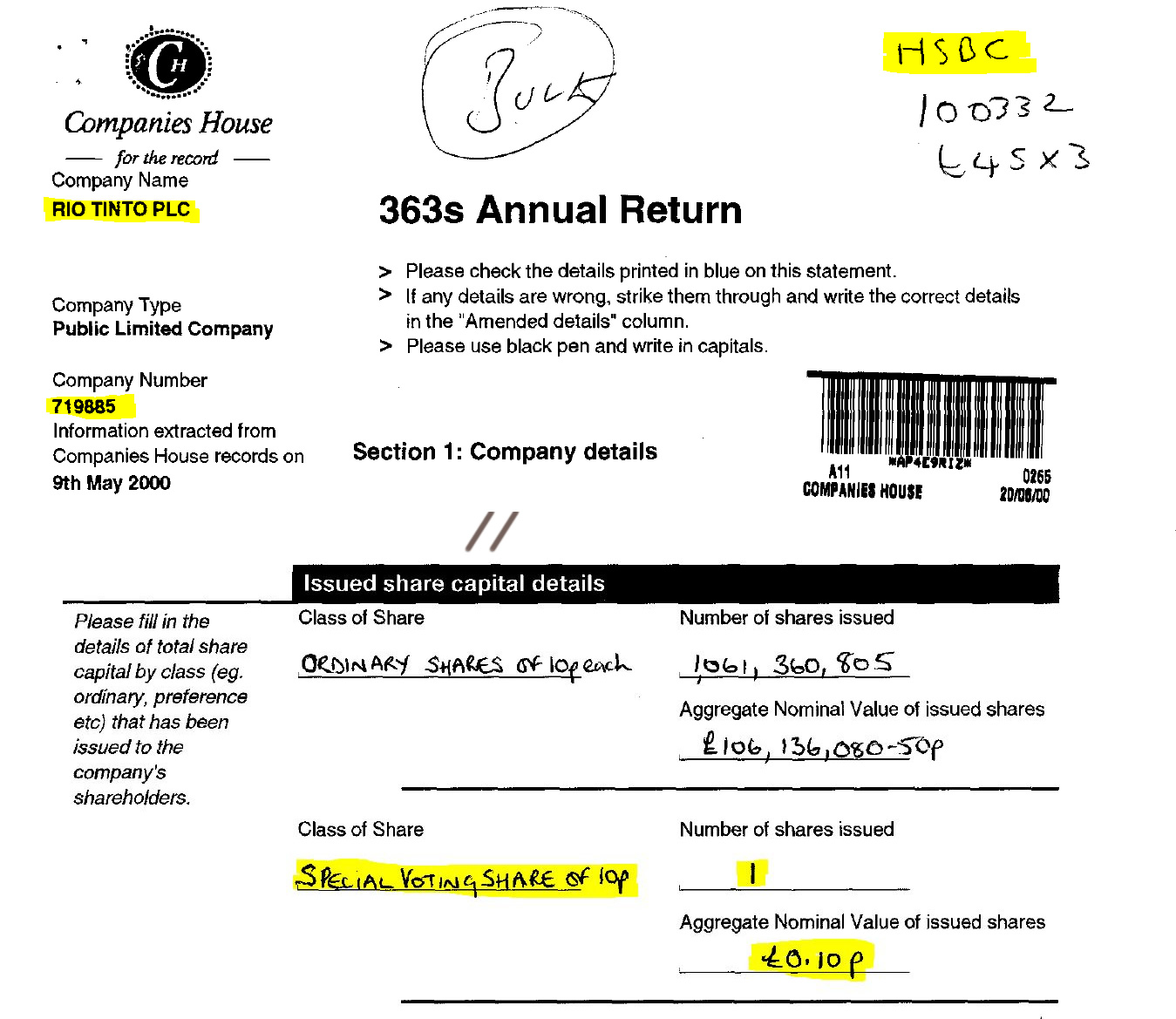 Rio Tinto PLC. (Dec. 31, 1999). 2000 Annual Return, Reg. No. 719885. Companies House. Take special note that it appears that HSBC is handling Rio Tinto’s corporate filings.