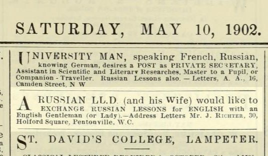 Jacob Richter, aka Vladimir Lenin. (May 10, 1902). Advertising for English-Russian instruction. The Athenaeum.