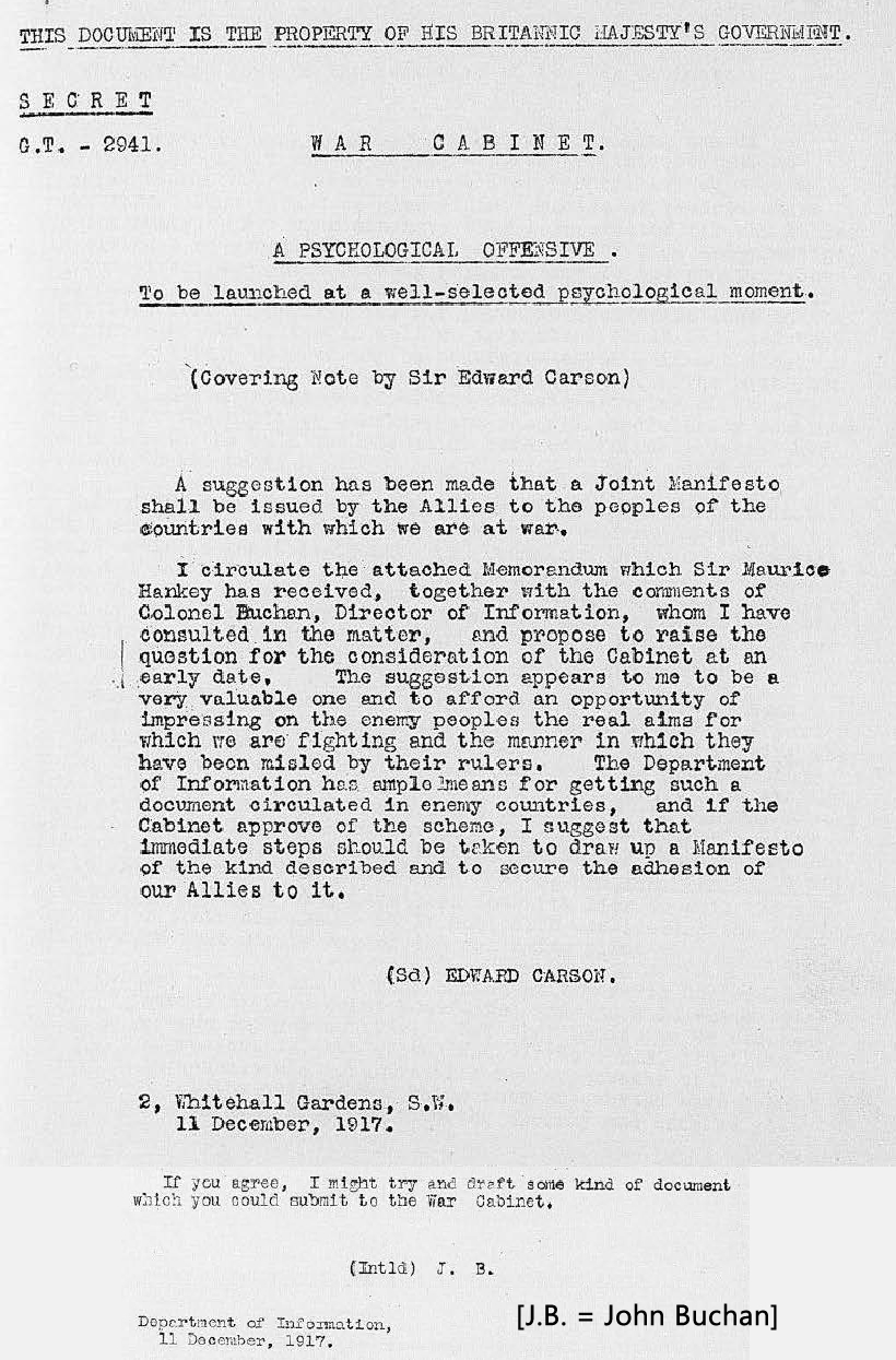 John Buchan (Dec. 17, 1917). SECRET - A PSYCHOLOGICAL OFFENSIVE, To be launced at a well-selected psychological moment. G.T. 2941, Cat. Ref. CAB 24-35-41. The National Archives.