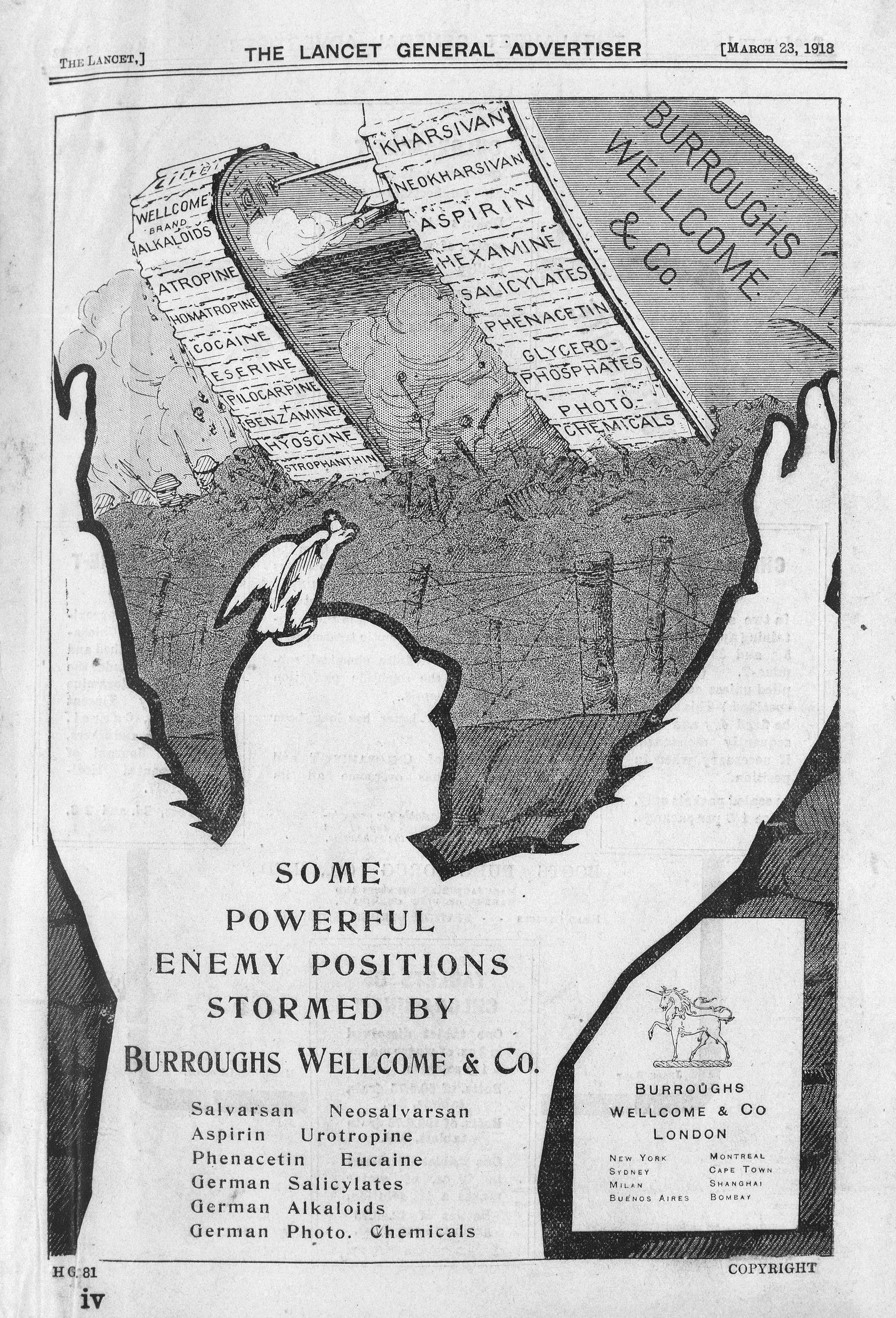 BW&Co. Anti-German War Propaganda. (Mar. 23, 1918). Some Powerful Enemy Positions Stormed by Burroughts Wellcome &Co. The Lancet.