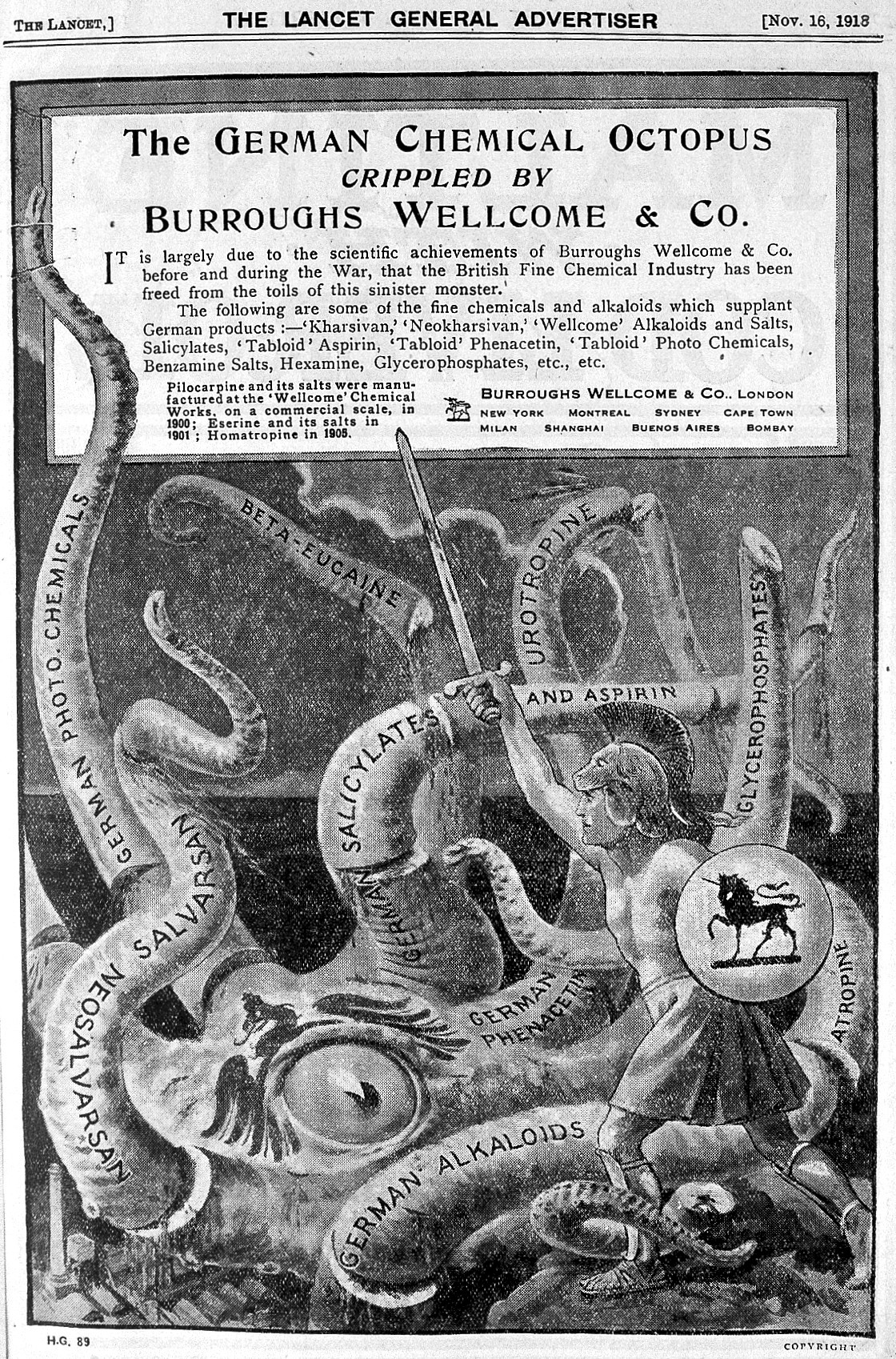 BW&Co. Anti-German War Propaganda. (Nov. 16, 1918). The German Chemical Octopus Crippled By Burroughs Wellcome & Co. The Lancet.