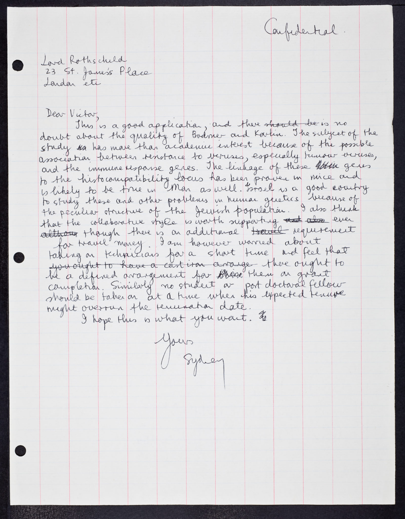 Sydney Brenner. (ca. 1972). Confidential handwritten letter from Sydney Brenner to Victor Rothschild re. genes, viruses, human virus experimentation in UK care homes Bodmer and Kevlin, and Israel and Jewish populations., SB/1/1/561, Item No. 64627. CHSL Archives Repository. 