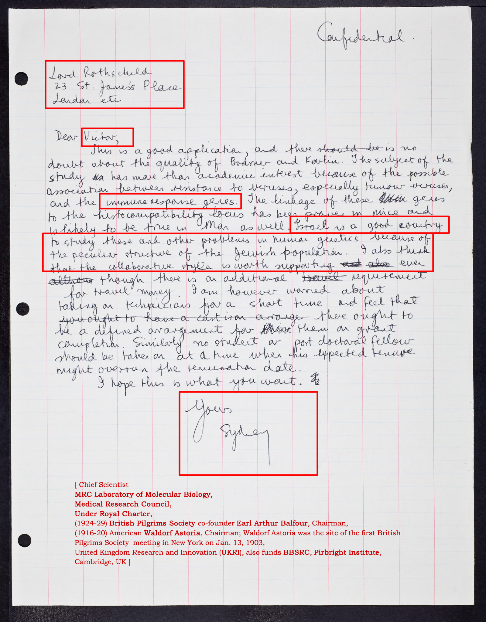 Sydney Brenner. (ca. 1972). Confidential handwritten letter from Sydney Brenner to Victor Rothschild re. genes, viruses, human virus experimentation in UK care homes Bodmer and Kevlin, Israel and Jewish populations., SB/1/1/561, Item No. 64627. CSHL Archives.