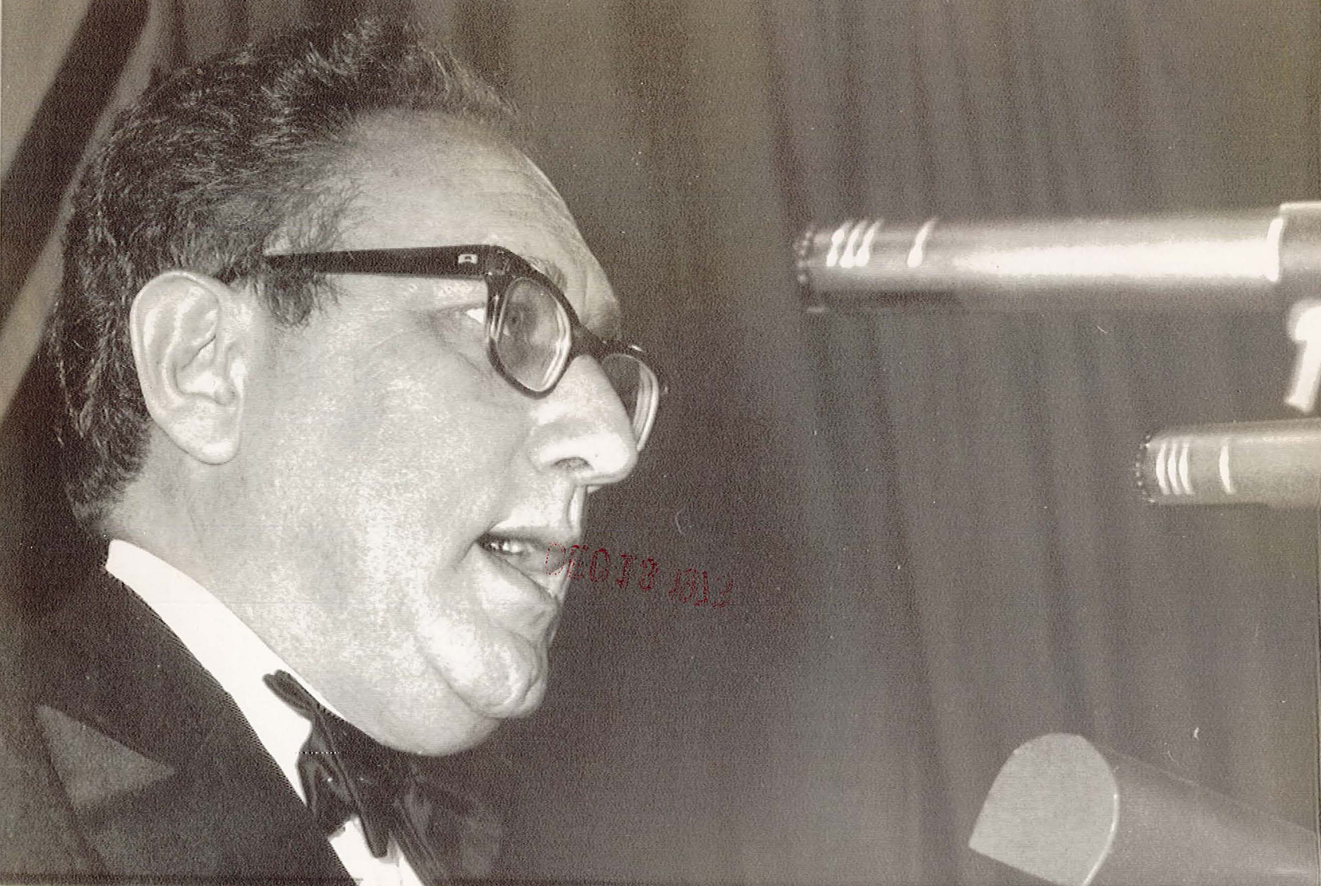 Henry A. Kissinger. (Dec. 12, 1973). PHOTO 1: U.S. Secretary of State delivers major oil crisis speech to the Pilgrims Society at the London Europa Hotel. AP Wirephoto.