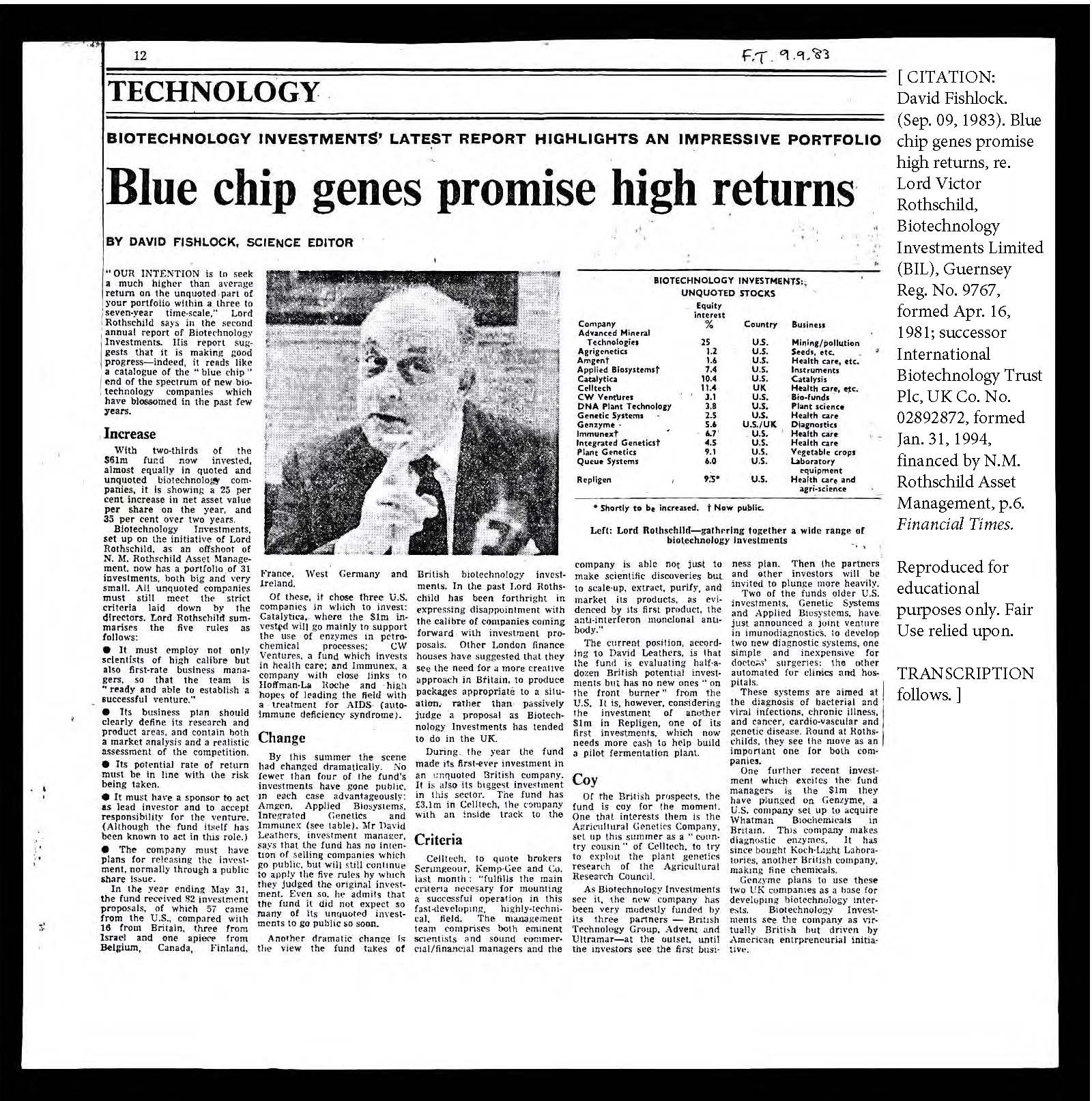 David Fishlock. (Sep. 09, 1983). Blue chip genes promise high returns, re. Lord Victor Rothschild, Biotechnology Investments Limited (BIL), Guernsey Reg. No. 9767, formed Apr. 16, 1981; successor International Biotechnology Trust Plc, UK Co. No. 02892872, formed Jan. 31, 1994, financed by N.M. Rothschild Asset Management, p.6. The Financial Times (UK).