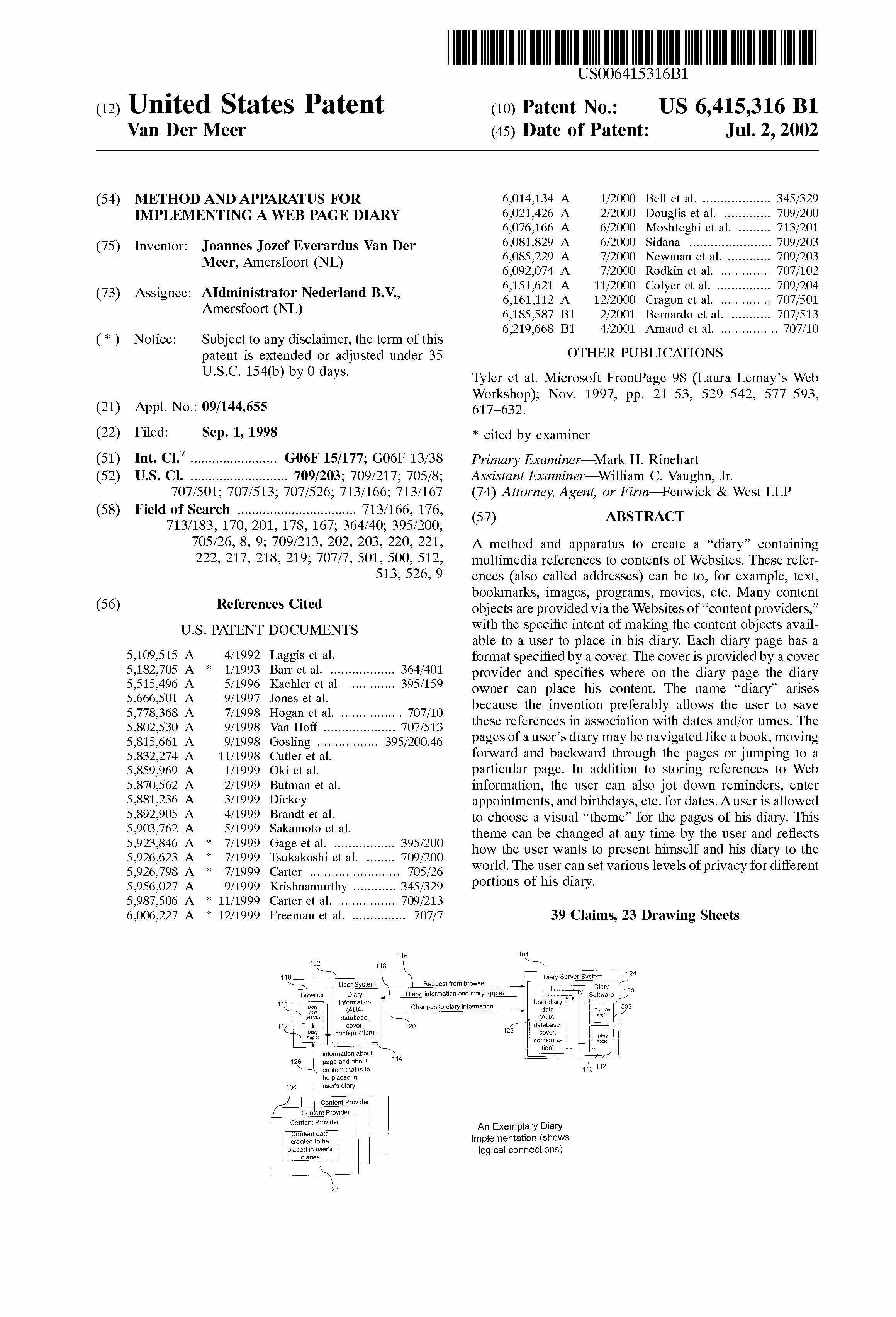 U.S. Patent No. 6,415,316 Joannes Jozef Everardus van Der Meer