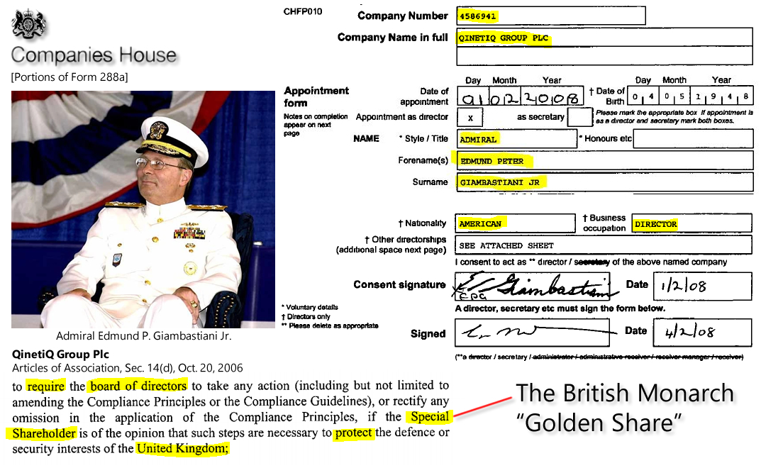 Edmund P. Giambastiani, Jr. (Feb. 08, 2008). Appointment of director, QinetiQ Group Plc, Co. No. 4586941, Form 288a. Companies House.