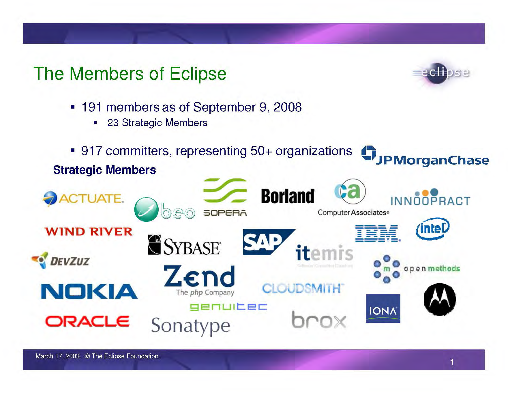 IBM Eclipse Foundation Membership logos, Page 1, as of Sep. 9, 2008 (Actuate, Beo, Borlan, Brox, Cloudsmith, Computer Associates, DevZuz, GenuiTec, IBM, Innoopract, Iona, Itemis, JPMorgan Chase, Motorola, Nokia, Open Methods, Oracle, SAP, Sonatype, SOPERA, Sybase, Wind River, Zend)