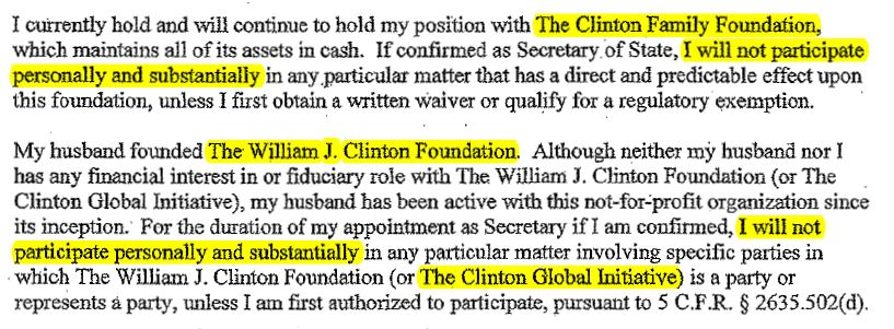 Hillary Clinton's Jan. 05, 2009 ethics statement