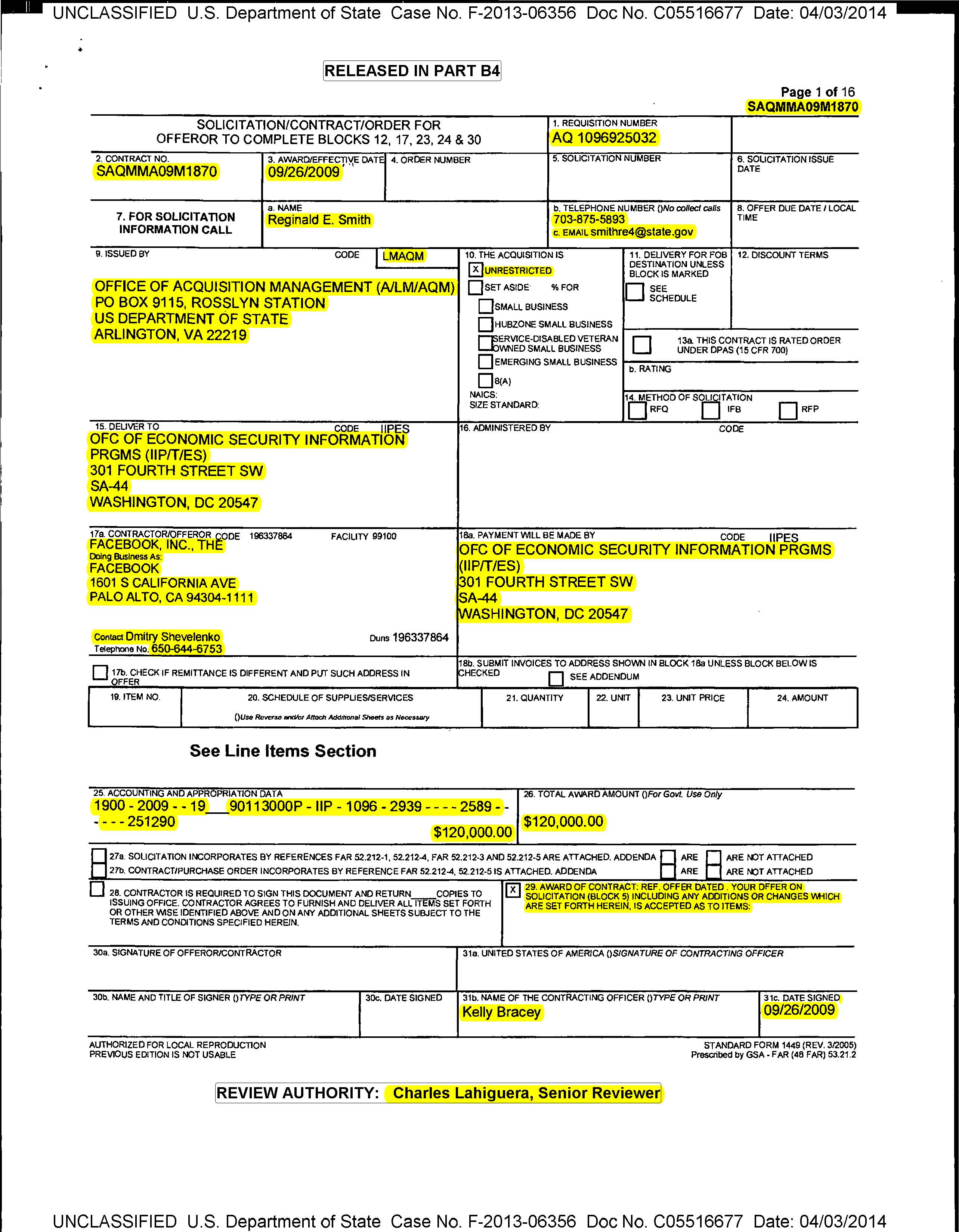 U.S. Dept. of State Contract. (Sep. 26, 2009). Facebook pages to build an international community to discuss relevant issues of the day. Contact: Dmitry Shevelenko. Facebook Contract SAQMMA09M1870, Judicial Watch v. U.S. Dept. of State, Case No. F-2013-06356, Doc. No. C05516677, 04/03/2014.