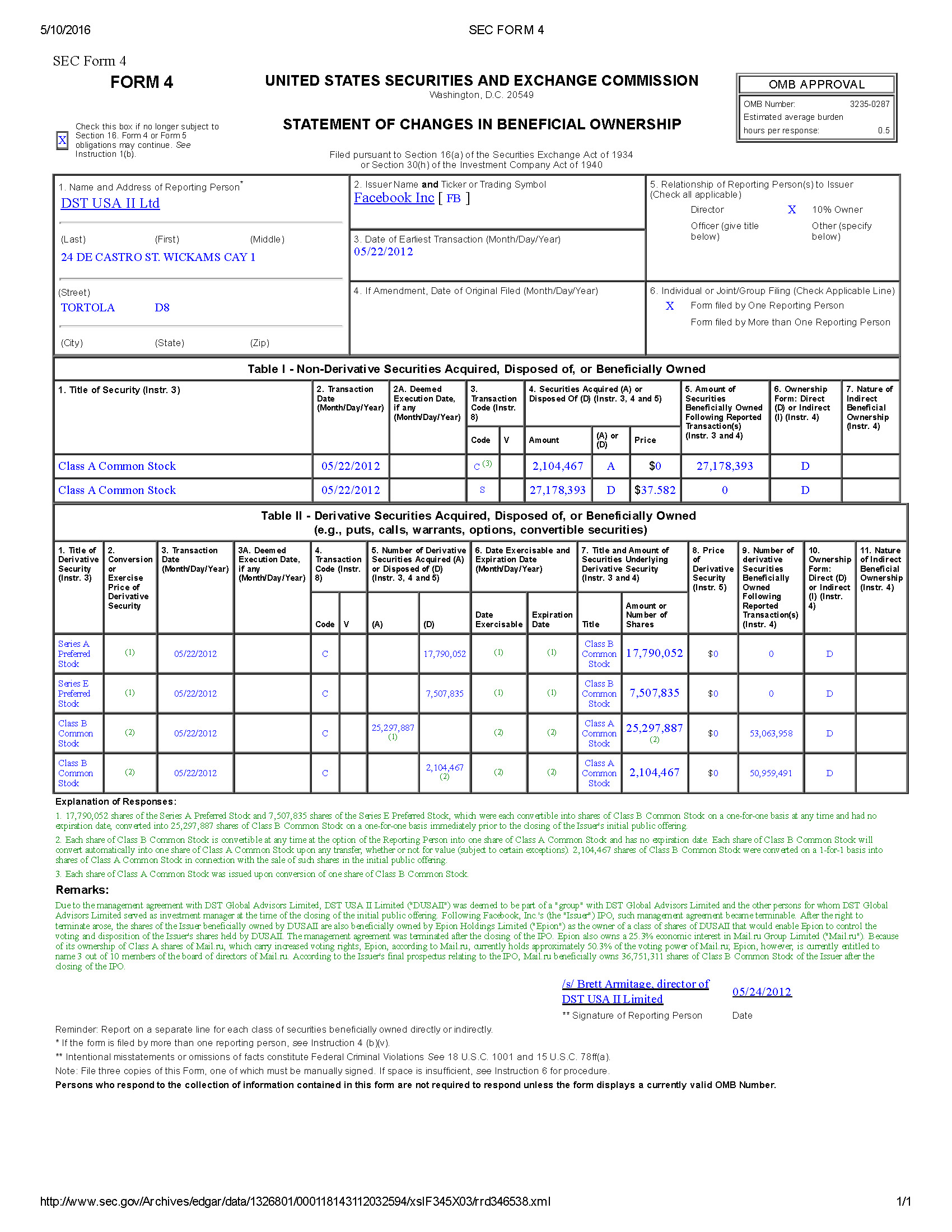 DST USA II Limited. SEC Form 4. Filed May 24, 2012. US Securities & Exchange Commision EDGAR.