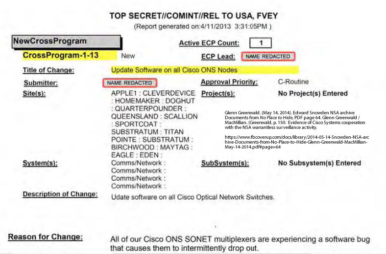 Greenwald. (May 14, 2014). Edward Snowden NSA archive Documents from No Place to Hide, PDF page 64. Glenn Greenwald / MacMillian. (Glenn Greenwald, p. 150: Cisco provided software to fix NSA problems