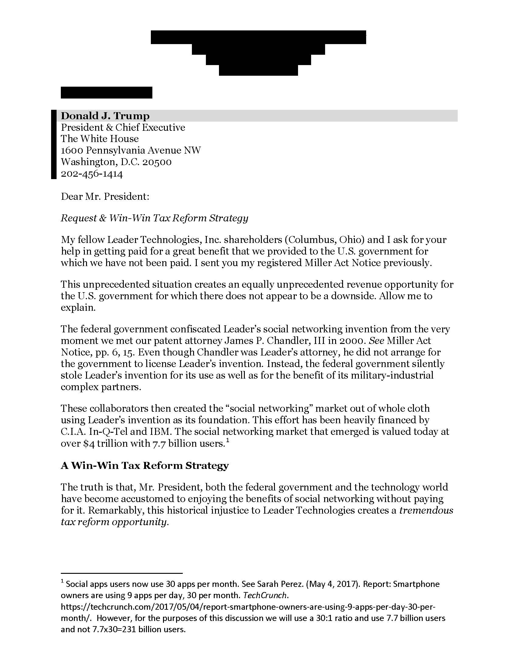 Leader Technologies Tier II Miller Act Notice cover letter to Donald Trump, Sep. 29, 2017, page 1