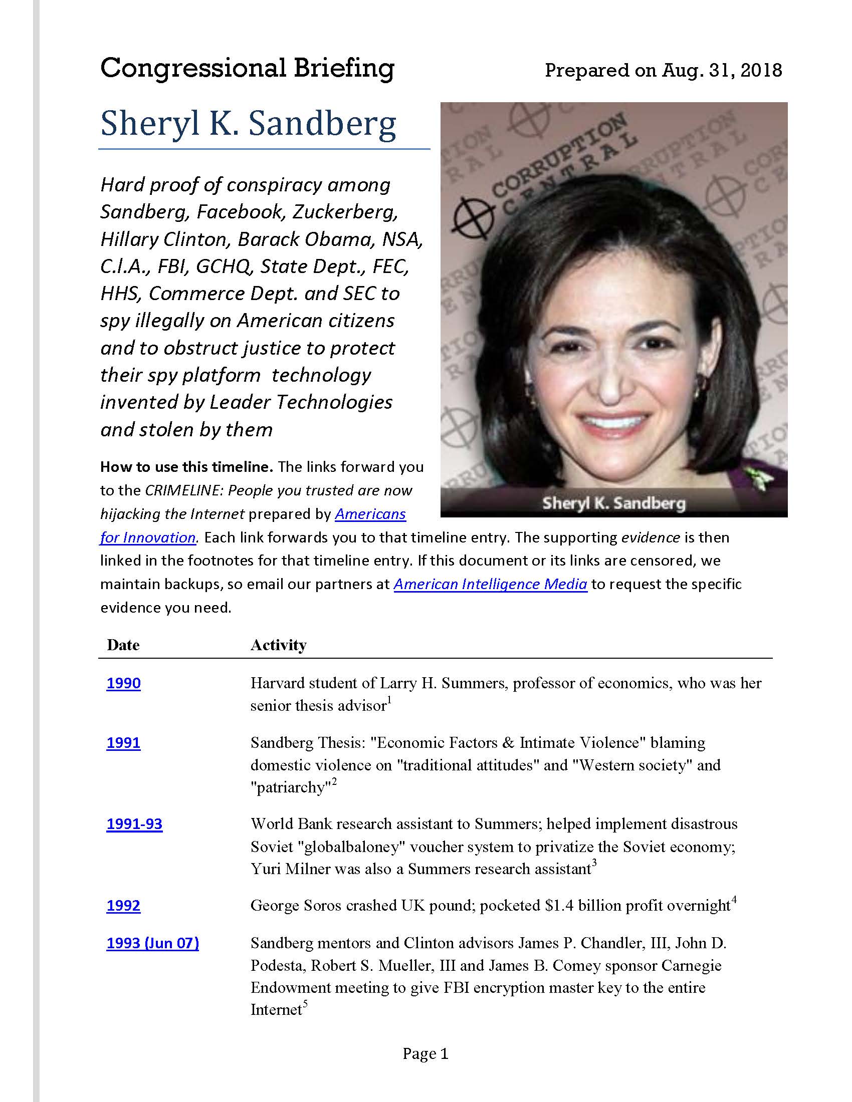 Congressional Briefing. (Aug. 31, 2018). Sheryl K. Sandberg's conspiracy to create a police state in America. Americans for Innovation, American Intelligence Media.