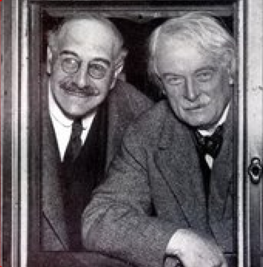 L/R: Sir Alfred Mond, Zionist, presidident, Brunner Mond (later ICI, AstraZeneca); prime minister David Lloyd George, ca. 1914. Co-founders of the British Pilgrims Society and co-conveners of the First Imperial Press Conference, 1909.