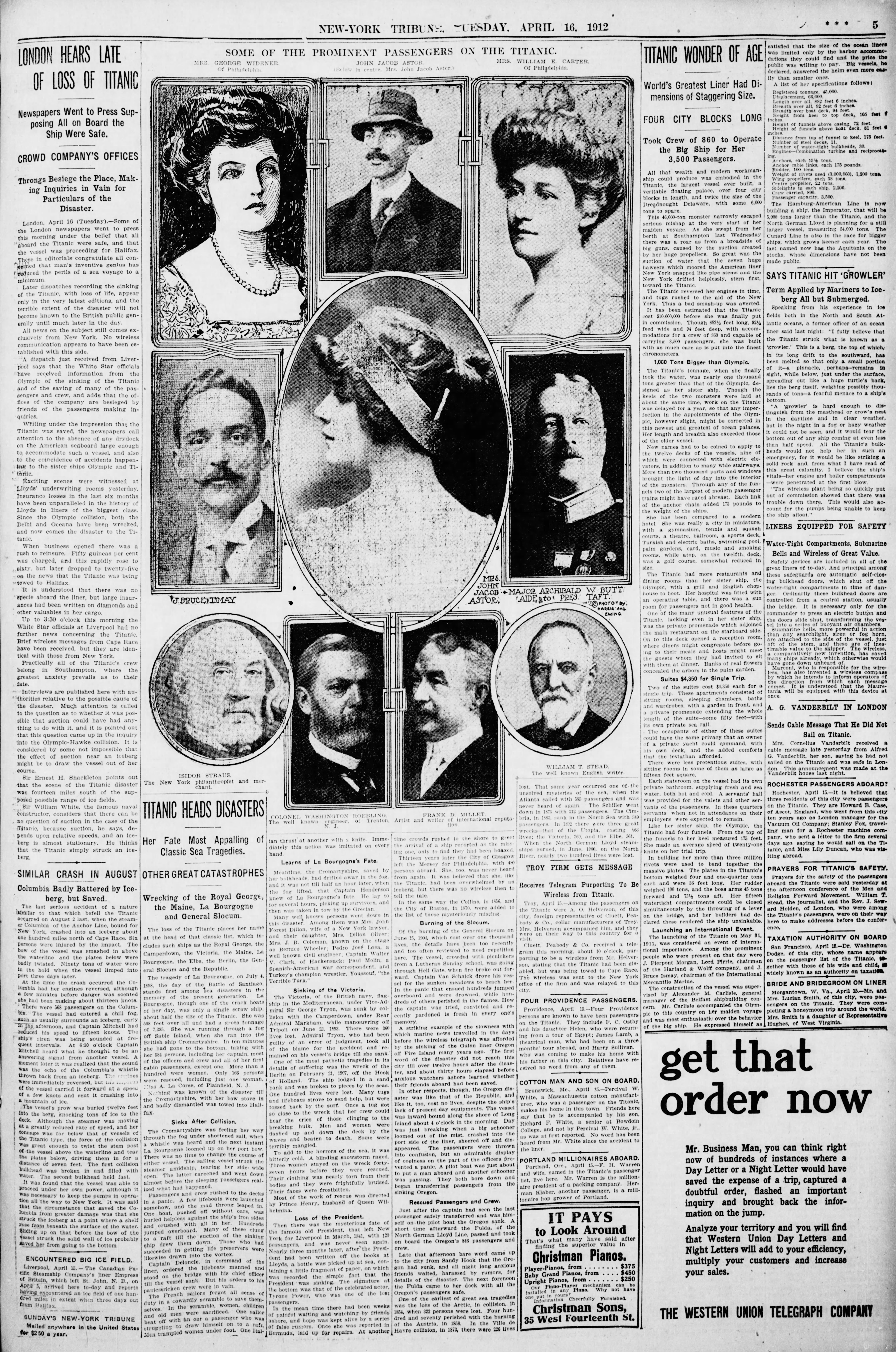Editor. (Apr. 16, 1912) . 1,340 Perish As Titanic Sinks; Only 886, Mostly Women and Children, Rescued, pp. 1,5. New-York Tribune. (16 MB).