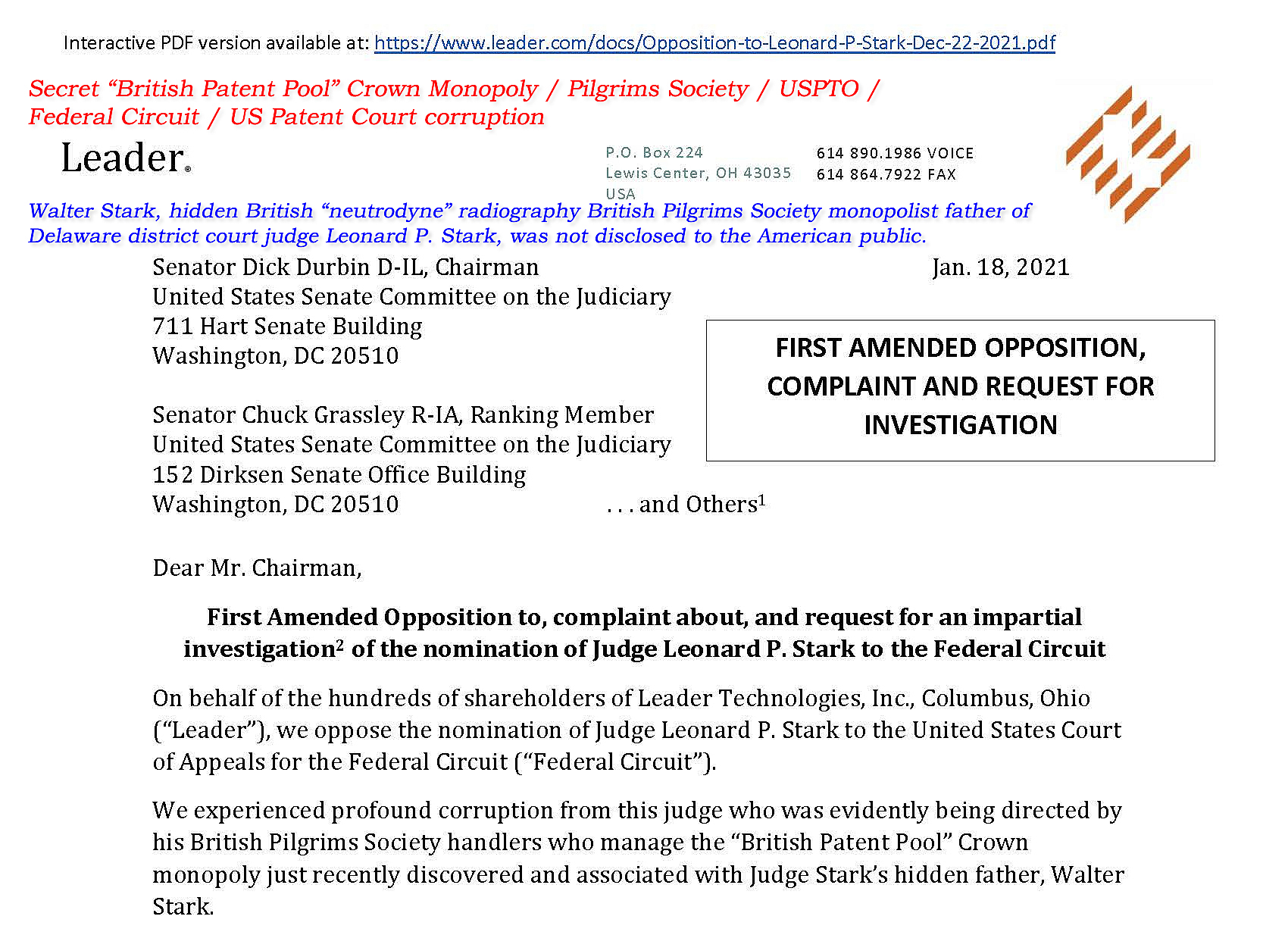 Leader Technologies. (Dec. 22, 2021). OPPOSITION TO LEONARD P. STARK to Federal Circuit - Secret "British Patent Pool" / Pilgrims Society / USPTO / Federal Circuit / U.S. Patent Courts corruption. Senate Judiciary Committee.