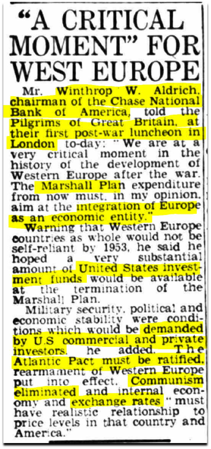 Editor. (May 23, 1949). A Critical Moment For Western Europe, Winthrop W. Aldrich, chairman of Chase National Bank to the Pilgrims of Great Britain luncheon. Coventry Evening Telegraph.