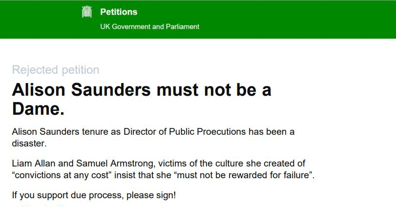 MPs. (Oct. 22, 2018). Petition: Alison Saunders must not be a Dame. UK Parliament.