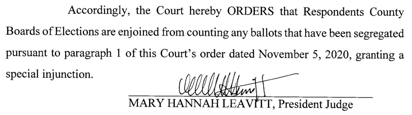 ORDER. (Nov. 12, 2020). Donald J. Trump for President Inc. v. Kathy Boockvar and County Boards of Elections, Case No. 602 MD 2020, President Judge Mary Hannah Leavitt (Pa. Commw. Ct. 2020). 