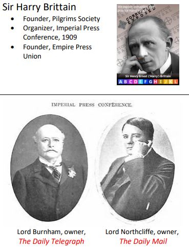 Sir Harry Brittain, Lord Burnham, Lord Northcliffe, founders of the Pilgrims Society (1902), Imperial Press Conference 1909, Empire Press Union (1909)