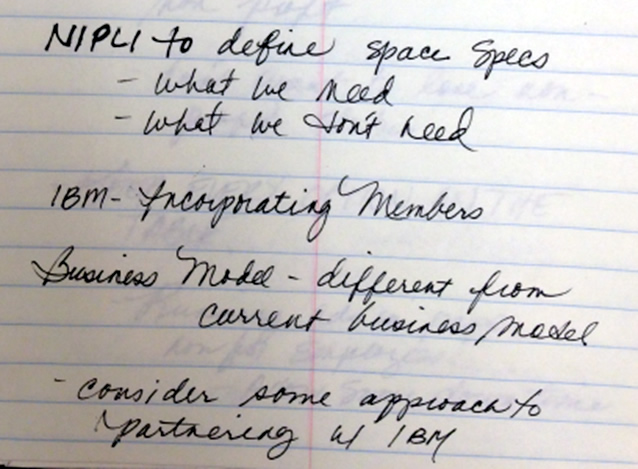 Professor James P. Chandler, III, engaged in secret negotiations for the Patent Office, IBM and CIA to hijack his client Leader Technologies' invention of social networking for secret government uses:NIPLI to define space specs, what we need, what we don't need, IBM Incorporating Members, Business Model - different from current business model, consider some approach to partnering w/ IBM