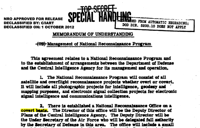 Robert S. McNamara, SECDEF. (Aug. 07, 1961). TOP SECRET: Management of National Reconnaissance Program, Agreement with Allen W. Dulles, CIA, Declassified Oct. 01, 2012 by C/IART, NRO. USAF.