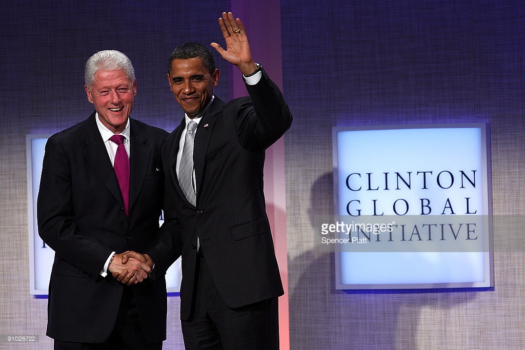 President Barack Obama (R) stands with former President Bill Clinton before speaking at the Fifth Annual Meeting of the Clinton Global Initiative (CGI) on September 22, 2009 in New York City. The Fifth Annual Meeting of the Clinton Global Initiative (CGI) brings together leaders in politics, business, science, academics and religion to discuss global issues such as climate change and peace in the Middle East. Getty Images.