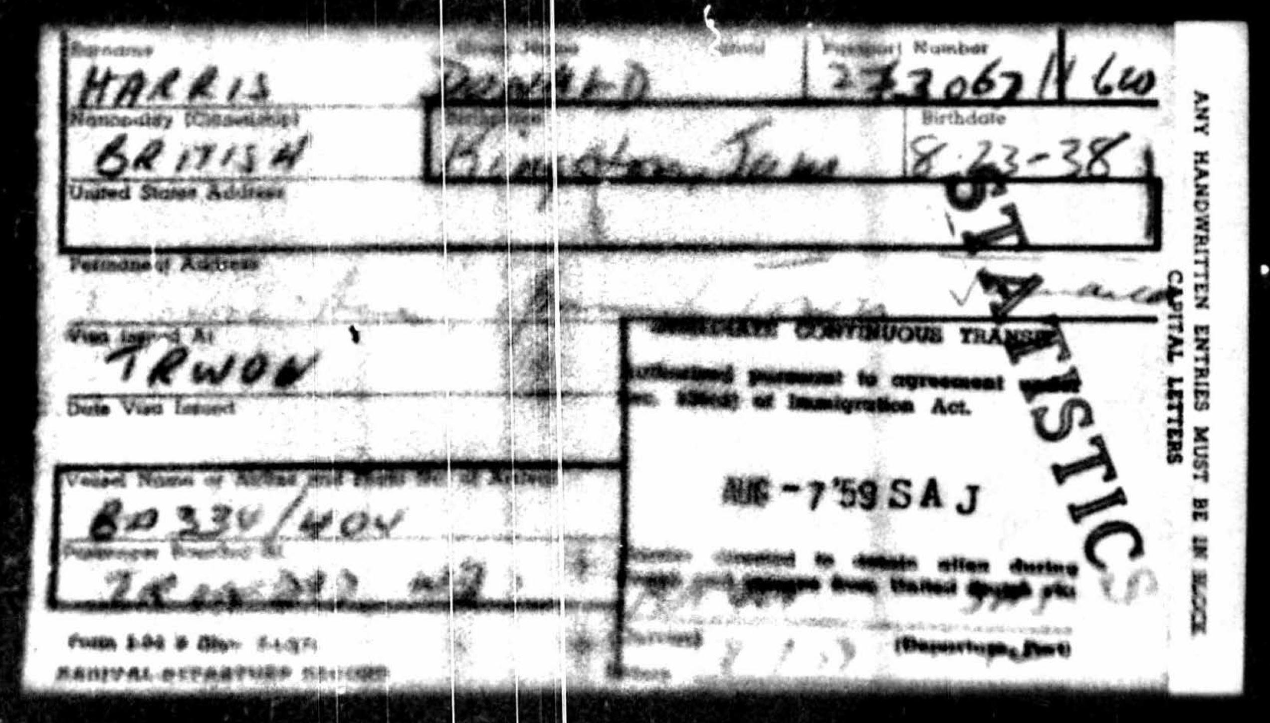 Donald J. Harris. (Aug. 07, 1959). Arrival, San Juan Puerto Rico Passenger and Crew  Lists, Age 20, b. Aug. 23, 1938, Kingston, Jam., Nationality: British, A3534-San Juan, Puerto Rico, 1957-1959, Voyage No. 334/404. National Archives.