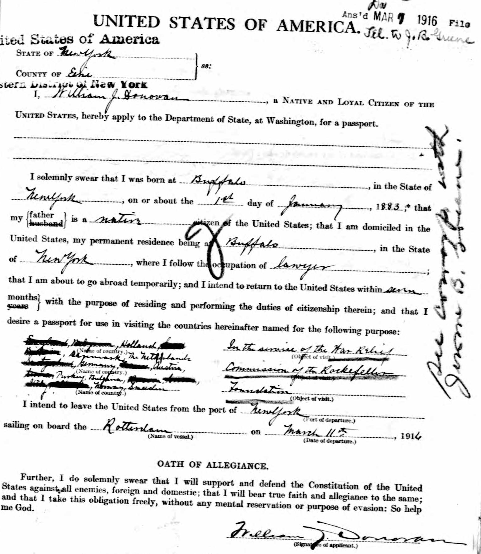William J. Donovan. (Issured Mar. 07, 1916). U.S. Passport Application, Cert. No. 19518. National Archives, Washington, D.C.