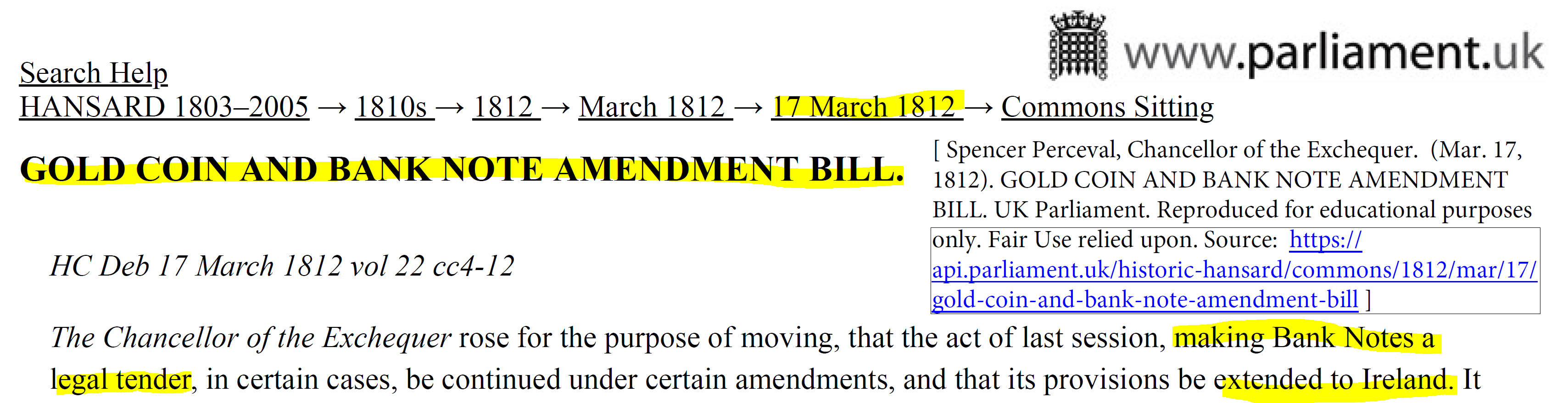 Spencer Perceval, Chancellor of the Exchequer. (Mar. 17, 1812). GOLD COIN AND BANK NOTE AMENDMENT BILL. UK Parliament.