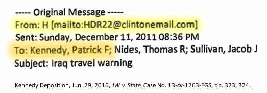 HDR22@clintonemail.com header, Kennedy Deposition, Jun. 29, 2016, JW v. State, Case No. 13-cv-1263-EGS, pp. 323, 324. 