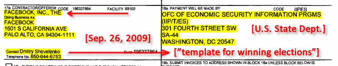 Facebook-State Department 'template for winning elections' Contract No. SAQMMAO9M1870 dated Sep. 26, 2009