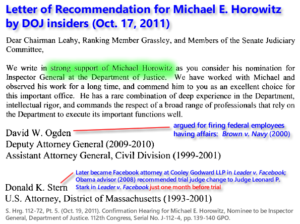 S. Hrg. 112-72, Pt. 5. (Oct. 19, 2011). Confirmation Hearing for Michael E. Horowitz, Nominee to be Inspector General, Department of Justice. 112th Congress, Serial No. J-112-4, pp. 139-139 GPO.