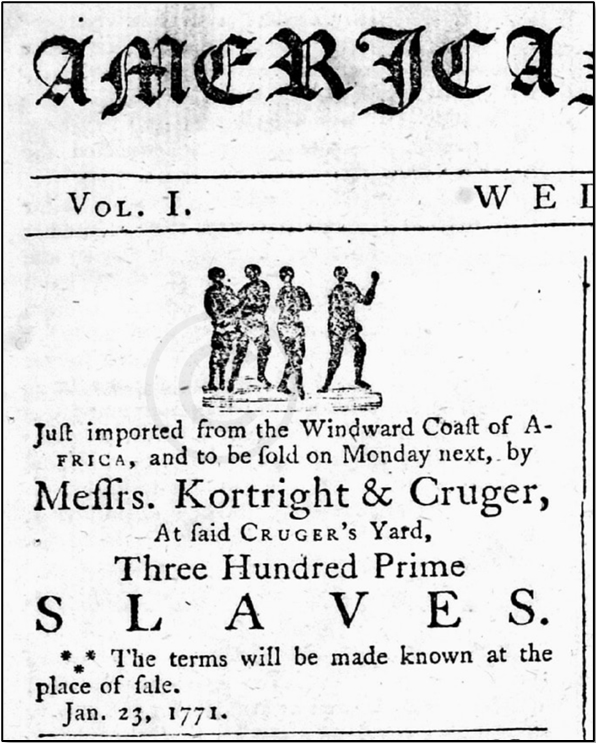 Messrs. Kortright & Cruger (Alexander Hamilton, clerk). (Jan. 23, 1771). SLAVES (Three Hundred Prime) for auction, Vol. 1, No. 58. The Royal Danish American Gazette.