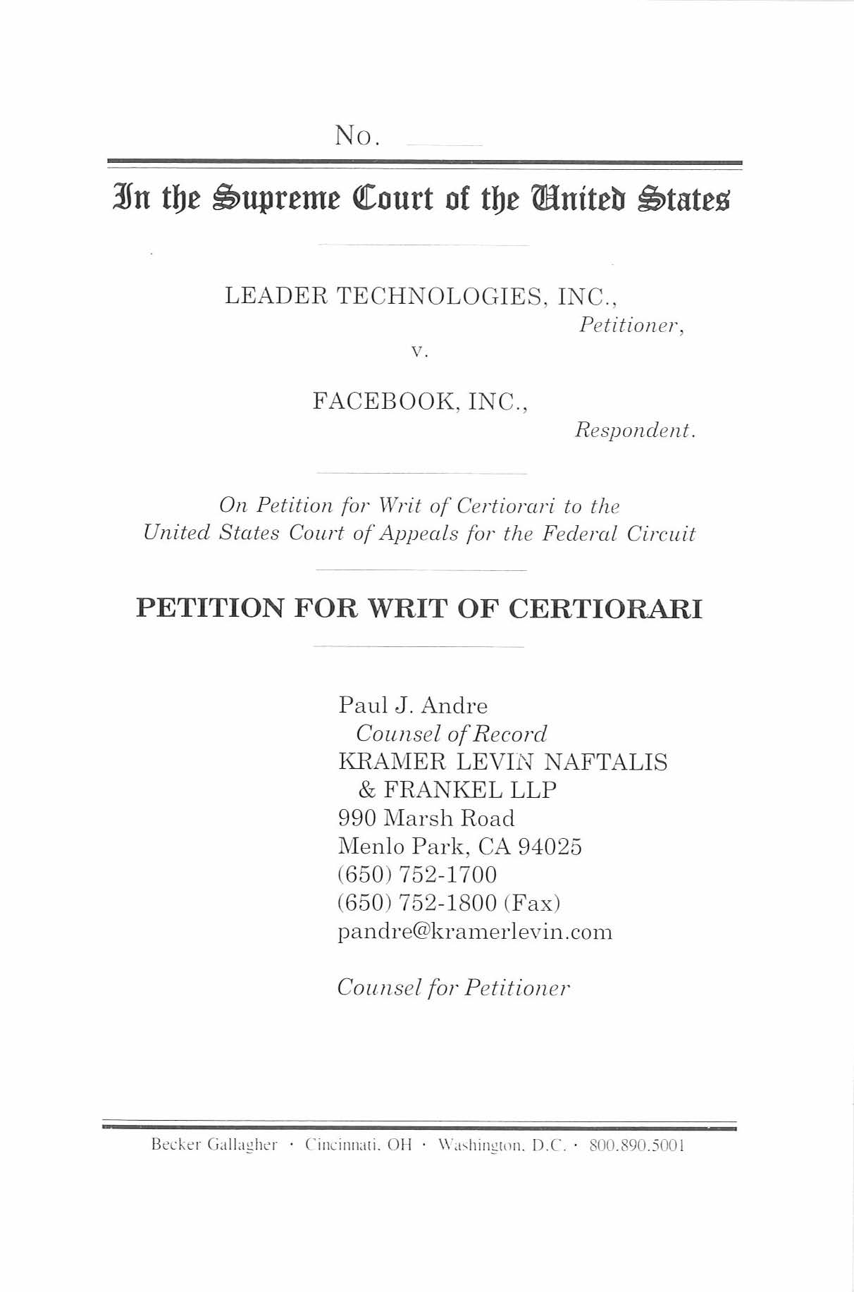 Petition for Writ of Certiorari, Leader Technologies, Inc., v. Facebook, Inc., No. 12-617 (U.S. Supreme Court 2012), filed Nov. 16, 2012.