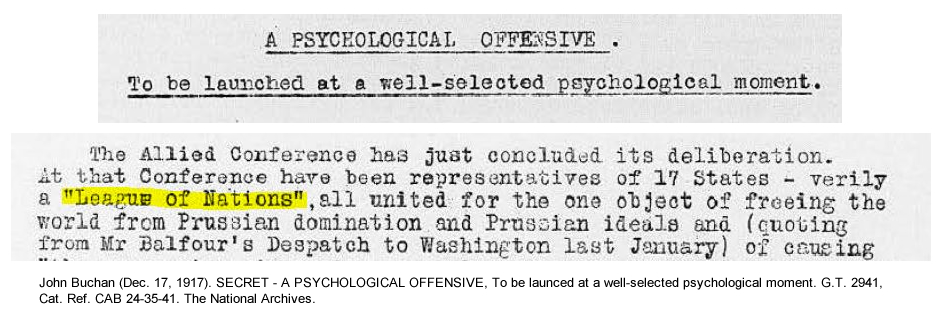 John Buchan (Dec. 17, 1917). SECRET - A PSYCHOLOGICAL OFFENSIVE, To be launced at a well-selected psychological moment. G.T. 2941, Cat. Ref. CAB 24-35-41. The National Archives.