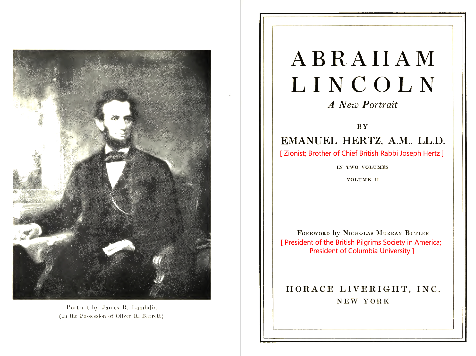 Abraham Lincoln portrait in A New Lincoln History by Emmauel Hertz