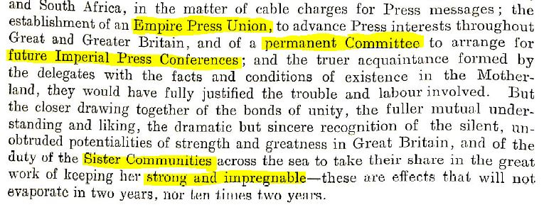 Thomas H. Hardman, ed. pub. (Jun. 05-26, 1909). A PARLIAMENT OF THE PRESS - THE FIRST IMPERIAL PRESS CONFERENCE, 1909, Illustrated, with Preface by The Earl of Rosebery, K.G., p. 2. London: Horace Marshall & Son.