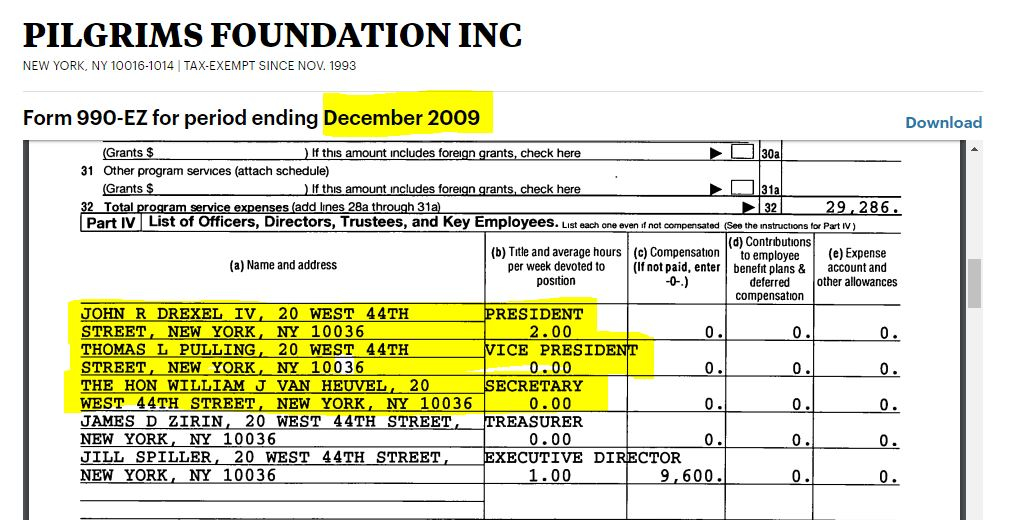 Pilgrims Foundation Inc. Form 990, Dec. 2009