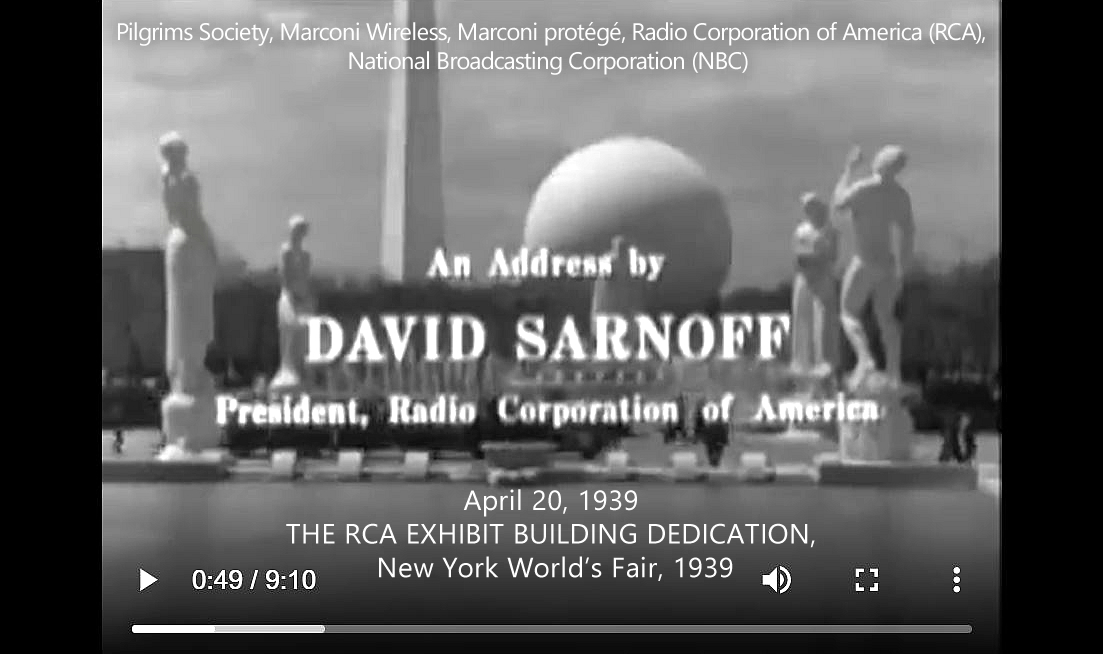 David Sarnoff. (Apr. 20, 1939). THE RCA EXHIBIT BUILDING, New York World's Fair, 1939, The Birth of an Industry, "marks the first coverage by television of a news event. RCA.