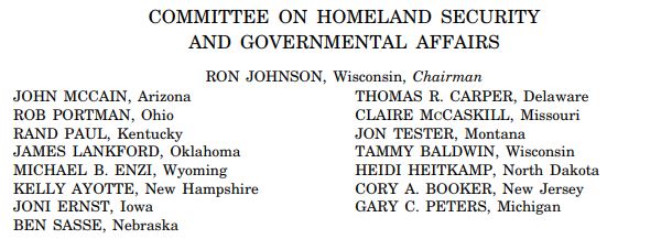 Senators who endorsed SES rule that SES cannot be fired by the President: COMMITTEE ON HOMELAND SECURITY AND GOVERNMENTAL AFFAIRS: RON JOHNSON, Wisconsin, Chairman JOHN MCCAIN, Arizona ROB PORTMAN, Ohio RAND PAUL, Kentucky JAMES LANKFORD, Oklahoma MICHAEL B. ENZI, Wyoming KELLY AYOTTE, New Hampshire JONI ERNST, Iowa BEN SASSE, Nebraska THOMAS R. CARPER, Delaware CLAIRE MCCASKILL, Missouri JON TESTER, Montana TAMMY BALDWIN, Wisconsin HEIDI HEITKAMP, North Dakota CORY A. BOOKER, New Jersey GARY C. PETERS, Michigan CHRISTOPHER R. HIXON, Staff Director GABRIELLE D’ADAMO SINGER, Chief Counsel GABRIELLE A. BATKIN, Minority Staff Director JOHN P. KILVINGTON, Minority Deputy Staff Director MARY BETH SCHULTZ, Minority Chief Counsel LAURA W. KILBRIDE, Chief Clerk 