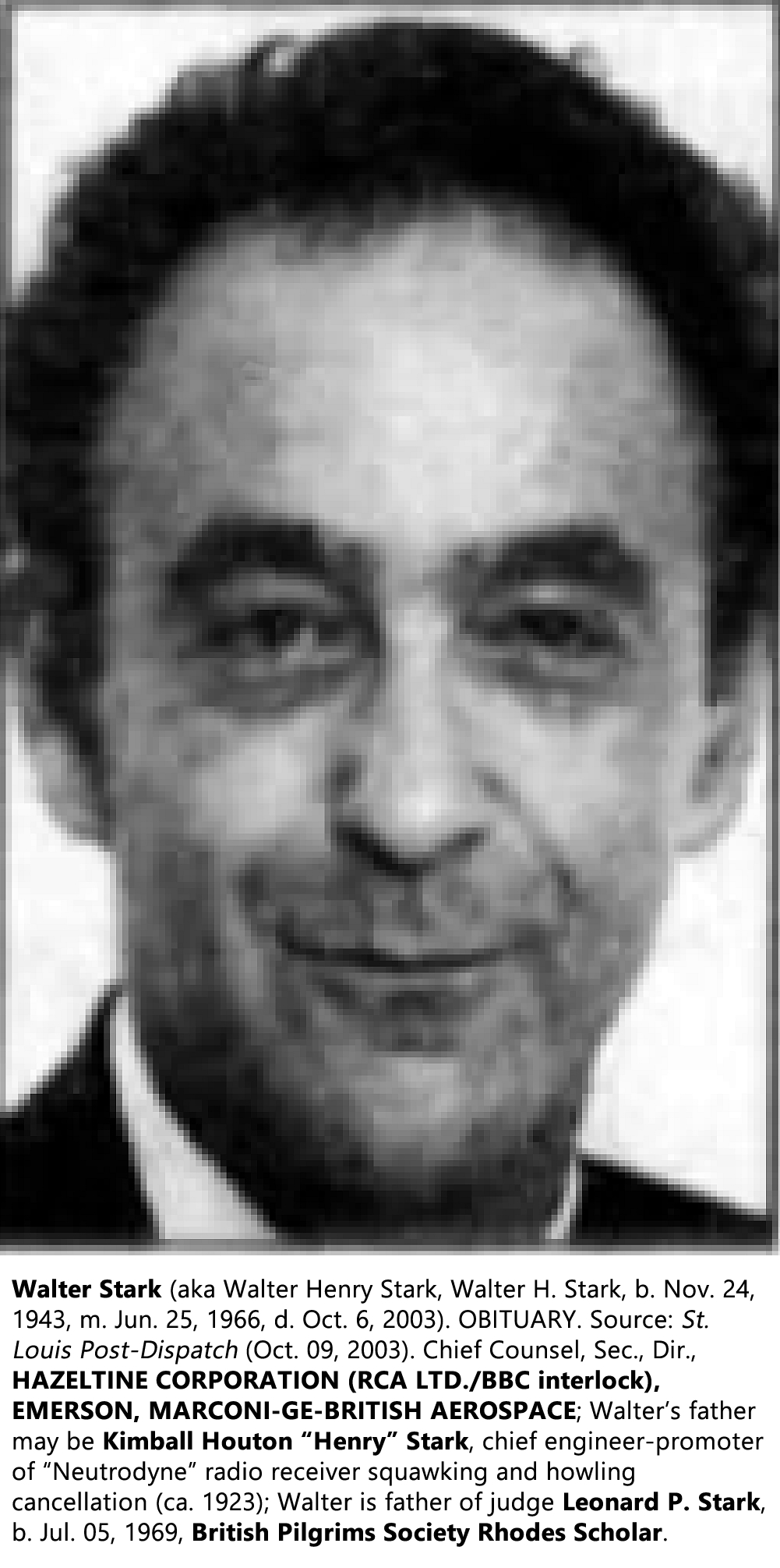 Walter Stark, father of Leonard P. Stark; possible son of Kimball Houton Stark