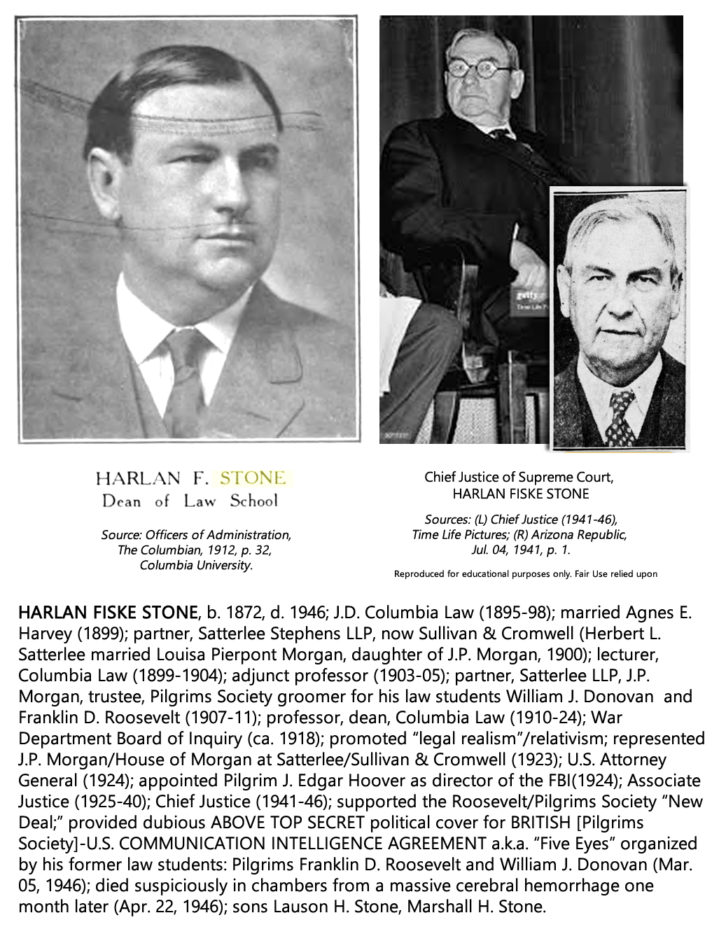 HARLAN FISKE STONE, b. 1872, d. 1946; J.D. Columbia Law (1895-98); married Agnes E. Harvey (1899); partner, Satterlee Stephens LLP, now Sullivan & Cromwell (Herbert L. Satterlee married Louisa Pierpont Morgan, daughter of J.P. Morgan, 1900); lecturer, Columbia Law (1899-1904); adjunct professor (1903-05); partner, Satterlee LLP, J.P. Morgan, trustee, Pilgrims Society groomer for his law students William J. Donovan and Franklin D. Roosevelt (1907-11); professor, dean, Columbia Law (1910-24); War Department Board of Inquiry (ca. 1918); promoted “legal realism”/relativism; represented J.P. Morgan/House of Morgan at Satterlee/Sullivan & Cromwell (1923); U.S. Attorney General (1924); appointed Pilgrim J. Edgar Hoover as director of the FBI(1924); Associate Justice (1925-40); Chief Justice (1941-46); supported the Roosevelt/Pilgrims Society “New Deal;” provided dubious ABOVE TOP SECRET political cover for BRITISH [Pilgrims Society]-U.S. COMMUNICATION INTELLIGENCE AGREEMENT a.k.a. “Five Eyes” organized by his former law students: Pilgrims Franklin D. Roosevelt and William J. Donovan (Mar. 05, 1946); died suspiciously in chambers from a massive cerebral hemorrhage one month later (Apr. 22, 1946); sons Lauson H. Stone, Marshall H. Stone.