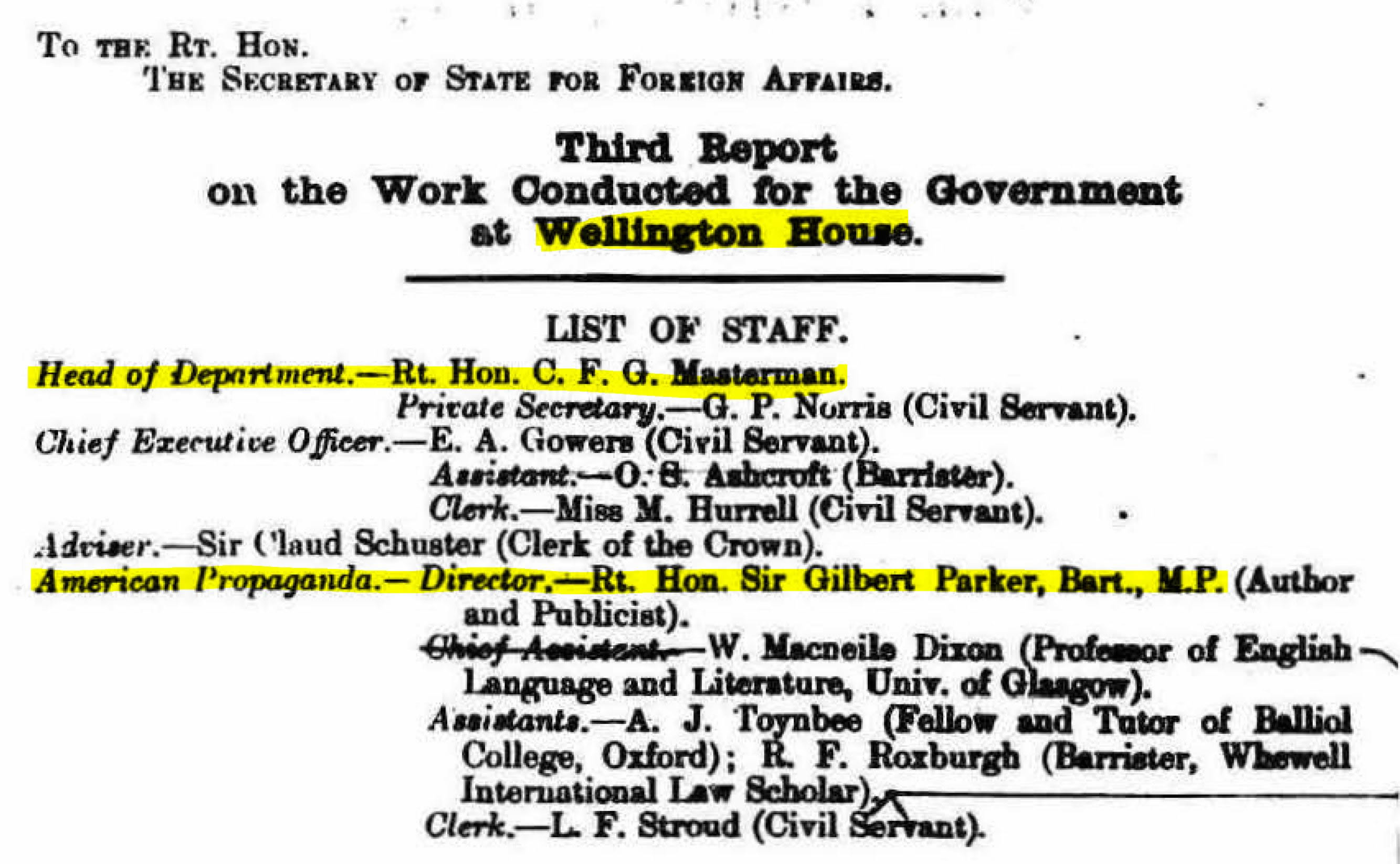 Archivist. (Sep. 01, 1916). Third Report on the [propaganda] work conducted for the Government at Wellington House, Signed in 1916 Sept, 124 pp + map, Cat. Ref. CAB 37/156/6, p. 2. The National Archives. Missing pp. 8,11,13 and 14, in originial have been restored by the National Archives.