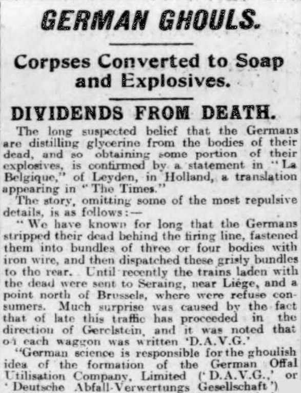 Redaktor. (18 kwietnia 1917). Niemieckie ghule - zwłoki zamienione na mydło i materiały wybuchowe, dywidendy ze śmierci [Biuro Propagandy Wojny Wellington House, utworzone 19 sierpnia 1914 r., Propaganda antyniemiecka]. Yorkshire / Sheffield Evening Telegraph and Star.