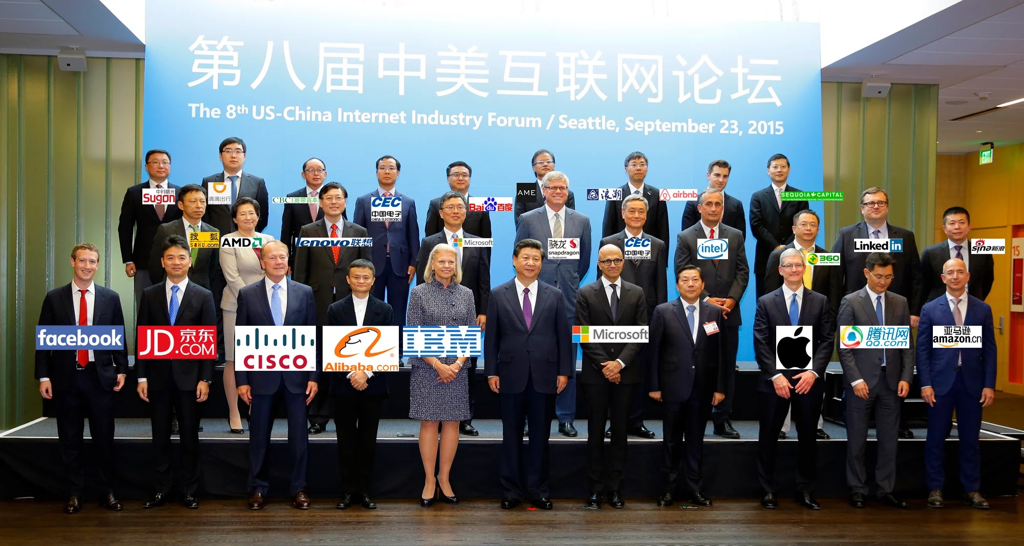 Front Row, L/R (Obama’s Technology Council): Mark Zuckerberg (Facebook), unknown, John Chambers (Cisco), Jack Ma (Alibaba), Virginia Marie 'Ginni' Rometty (IBM), Xi Jinping (Chinese Communist Party boss), Satya Nadella (Microsoft), unknown, Tim Cook (Apple), unknwn, Jeff Bezos (Amazon); Second Row: 2nd from right: Reid Hoffman (LinkedIn, Facebook); 4th from right: Intel.