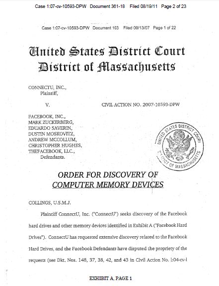 Order of Discovery of Computer 
Memory Devices, ConnectU v. Facebook, Zuckerberg et al, Aug. 19, 2011